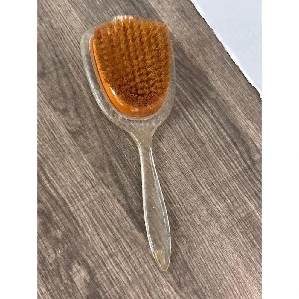 Vintage Lucite Hair Brush Etched Swan Design Clear Plastic Made in USA 10.5 Inch
